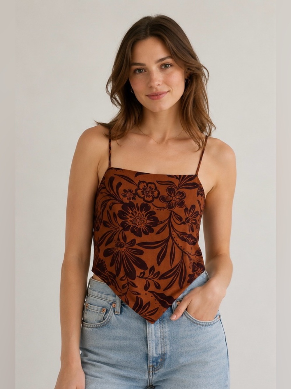 Rust Brown Floral Spaghetti Strap Bandana Top